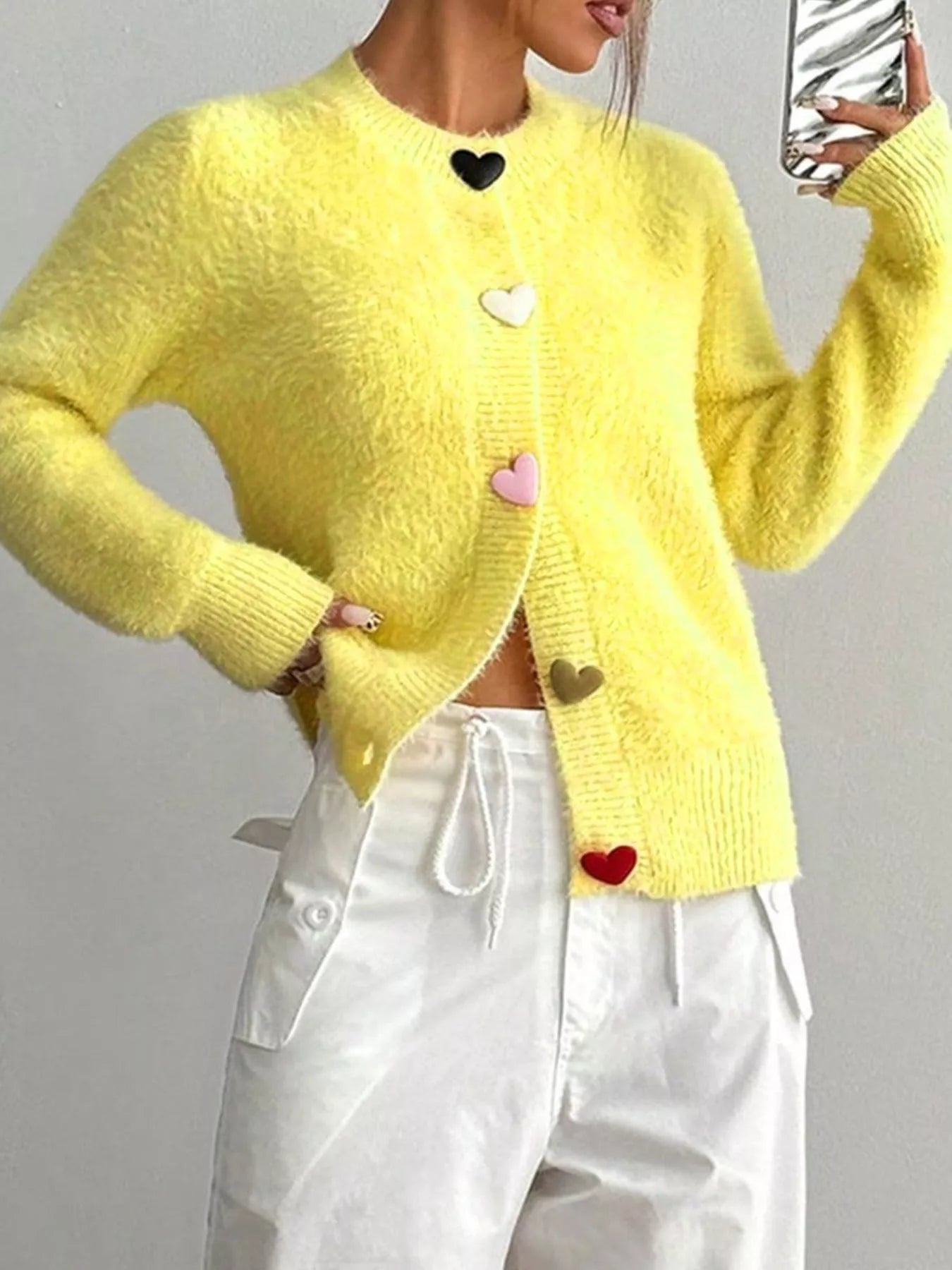 Heart Button Fuzzy Cardigan free shipping -Oh Em Gee Boutique