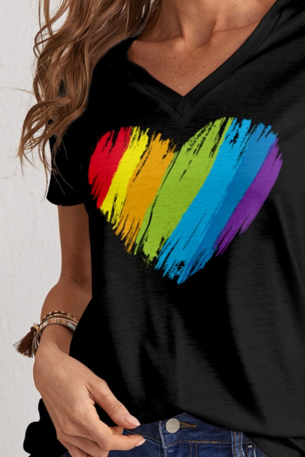 FAM-FAM Heart V-Neck Dropped Shoulder T-Shirt, Rainbow Heart Design free shipping -Oh Em Gee Boutique