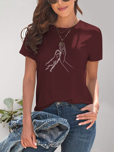 Graphic Round Neck Short Sleeve T-Shirt, Hand and Paw free shipping -Oh Em Gee Boutique