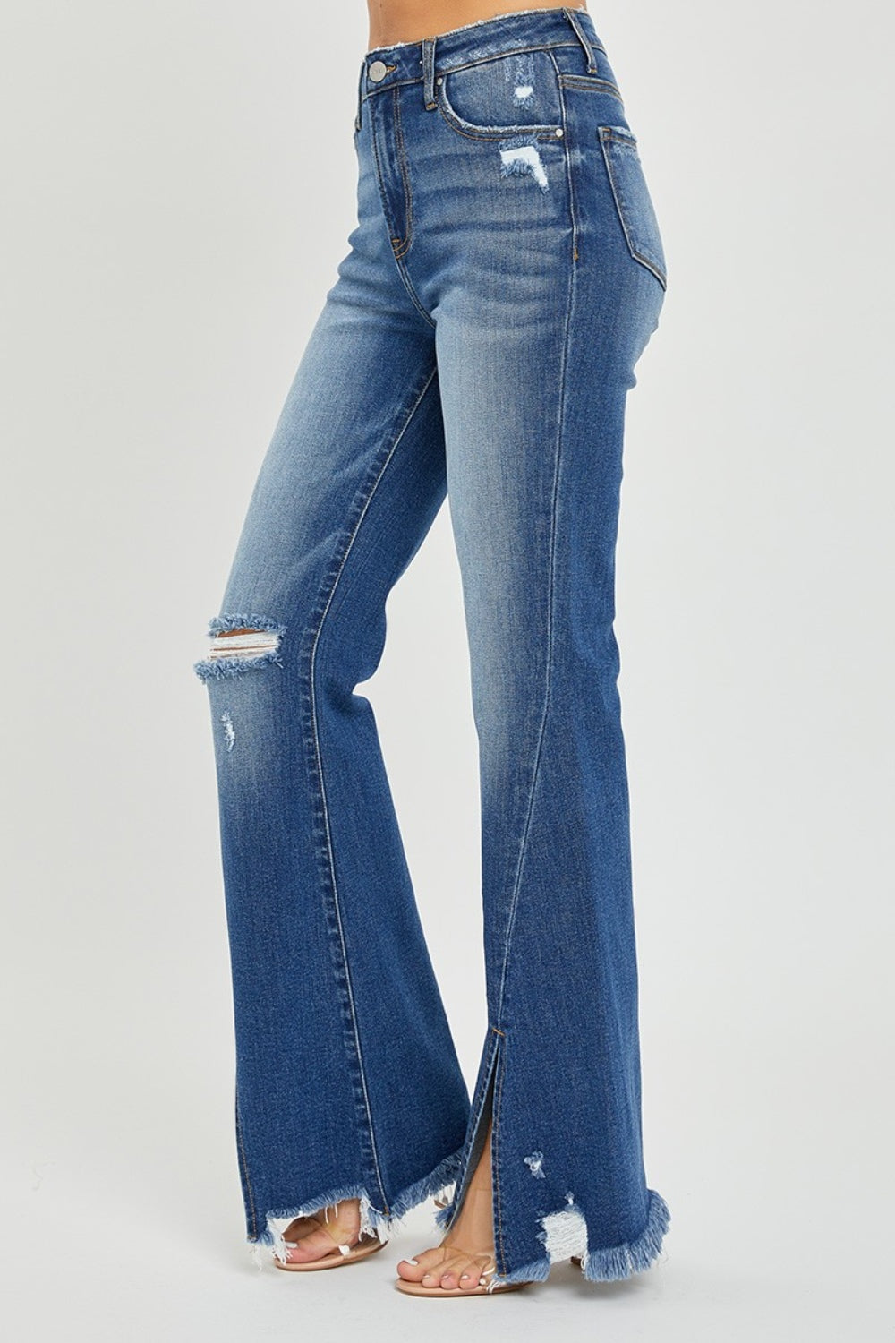 RISEN Full Size High Rise Front Slit Frayed Hem Flare Jeans free shipping -Oh Em Gee Boutique