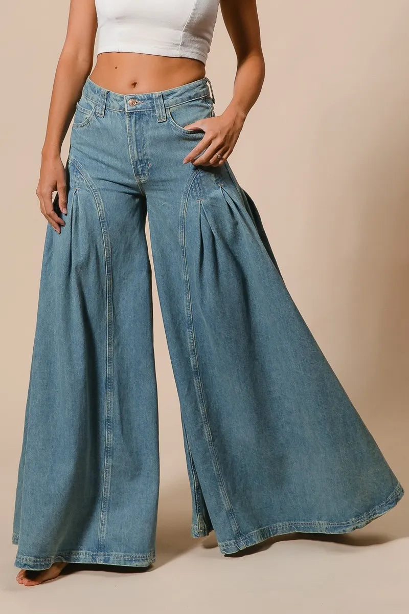 BiBi Pleated Detail Wide Jeans free shipping -Oh Em Gee Boutique
