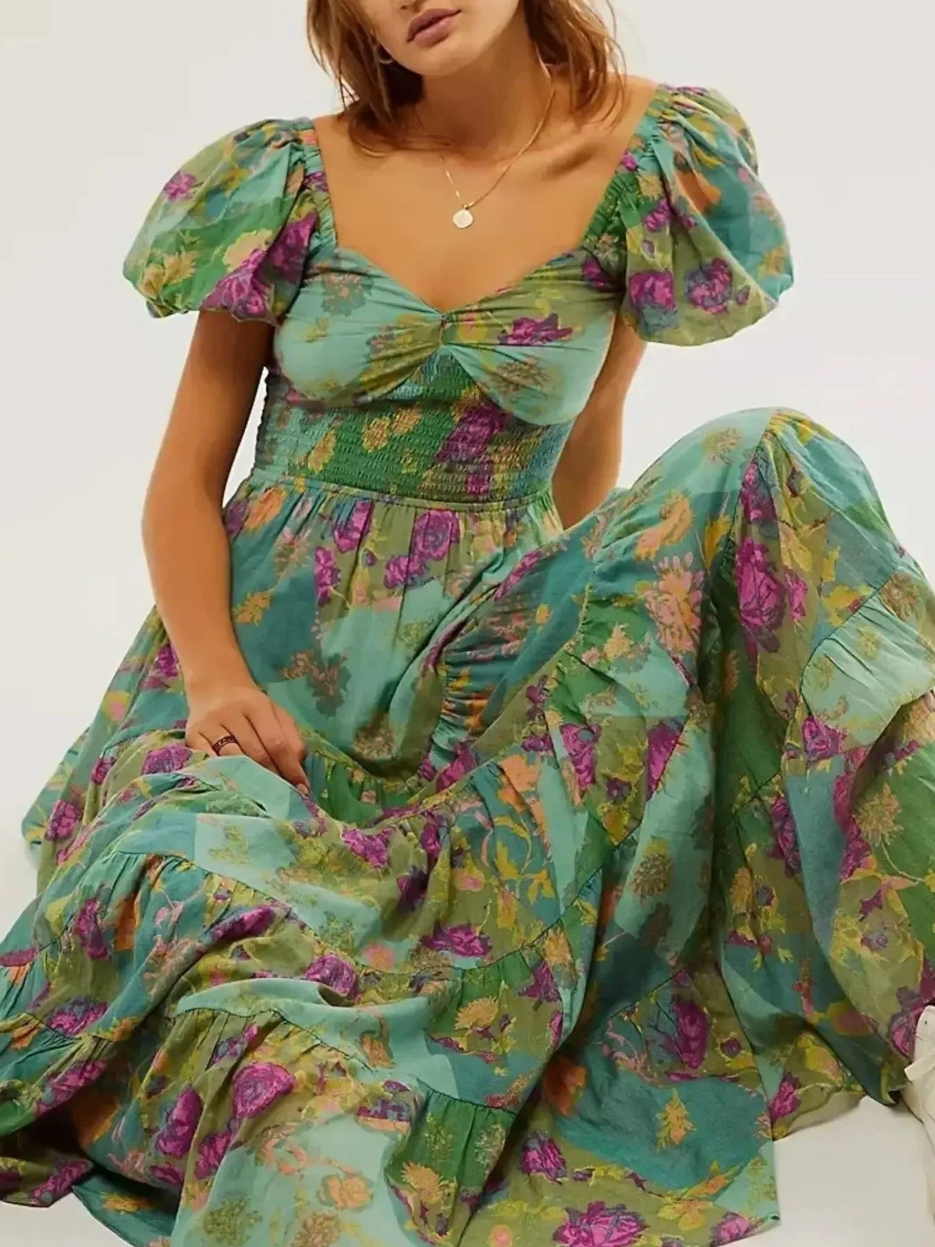 Printed Sweetheart Neck Puff Sleeve Maxi Dress free shipping -Oh Em Gee Boutique