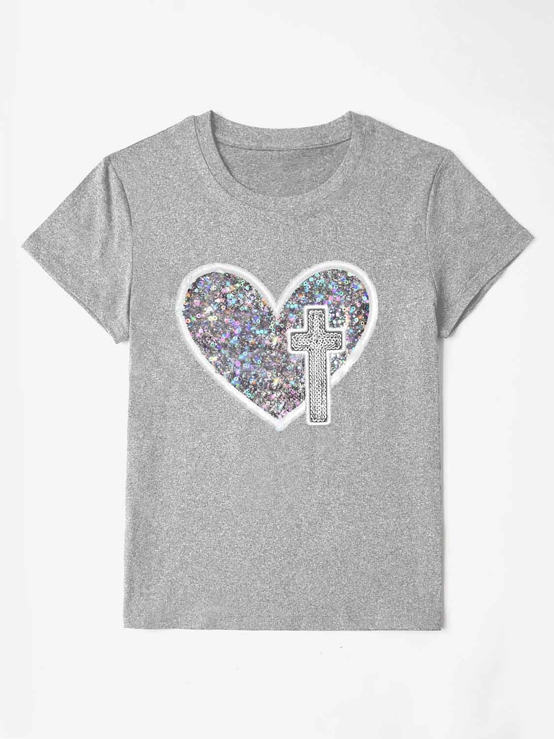 Graphic Heart Round Neck Short Sleeve T-Shirt with Cross Design free shipping -Oh Em Gee Boutique