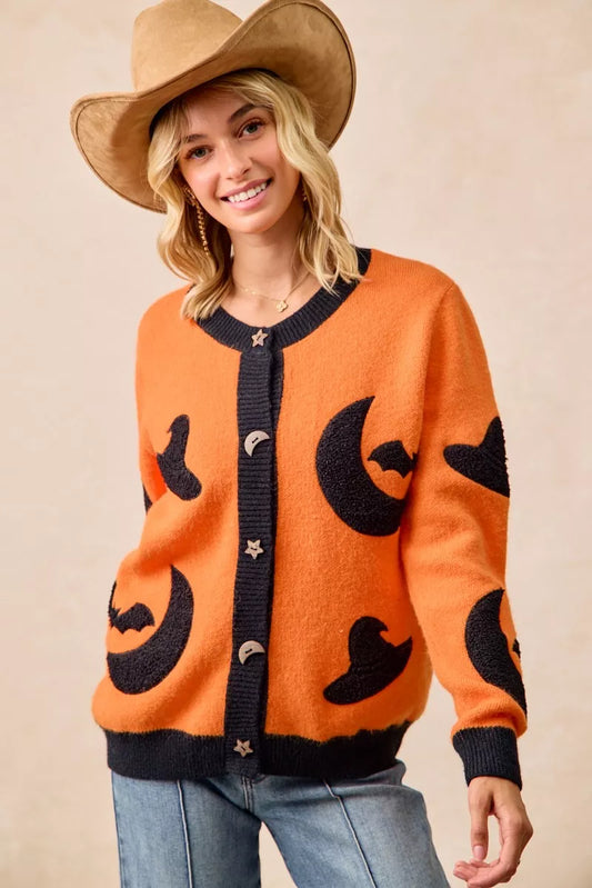 BiBi Halloween Witch Hat Moon Bat Artwork Cardigan free shipping -Oh Em Gee Boutique