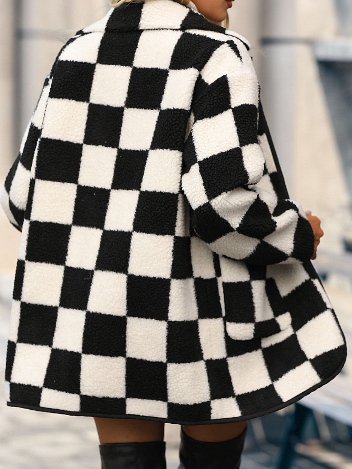 Double Take Full Size Checkered Button Front Coat with Pockets free shipping -Oh Em Gee Boutique