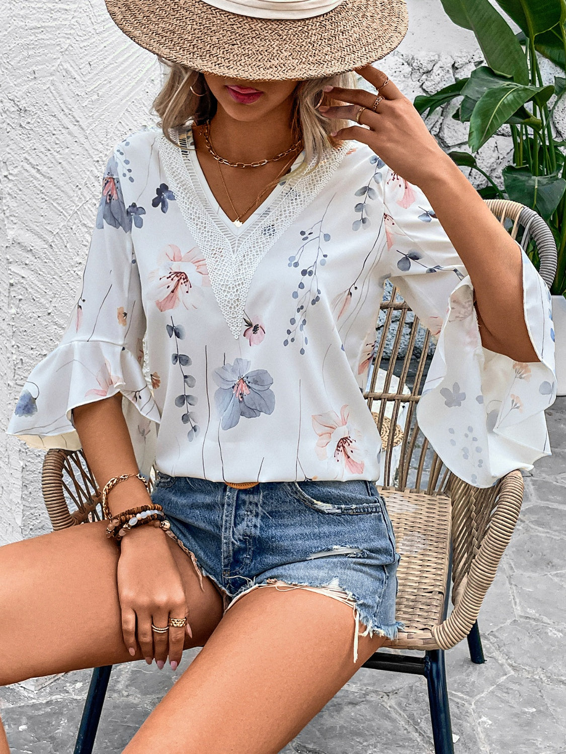 Ruffled Printed V-Neck Half Sleeve Blouse free shipping -Oh Em Gee Boutique