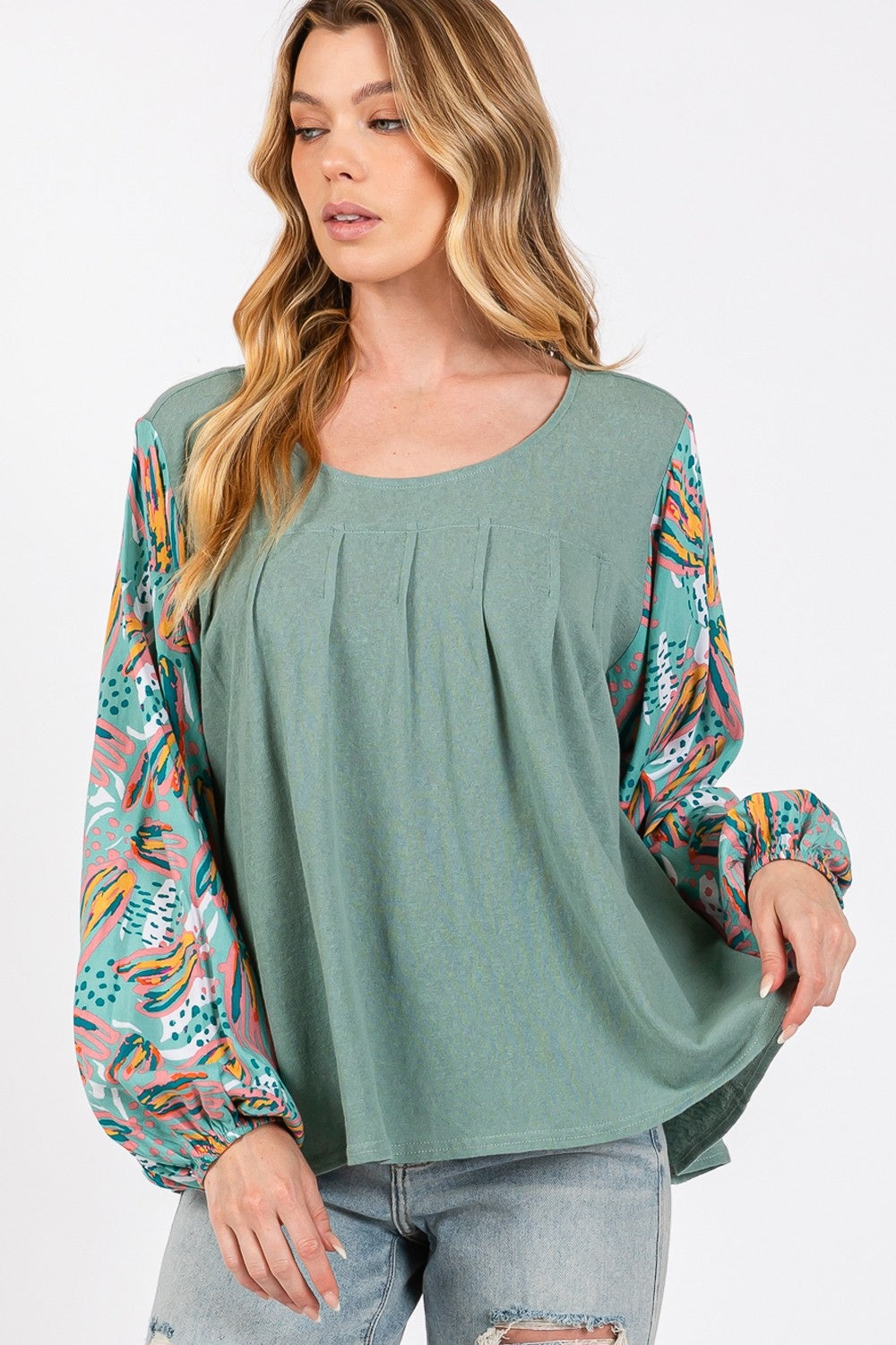 SAGE + FIG Ruched Round Neck Printed Bubble Sleeve Top free shipping -Oh Em Gee Boutique