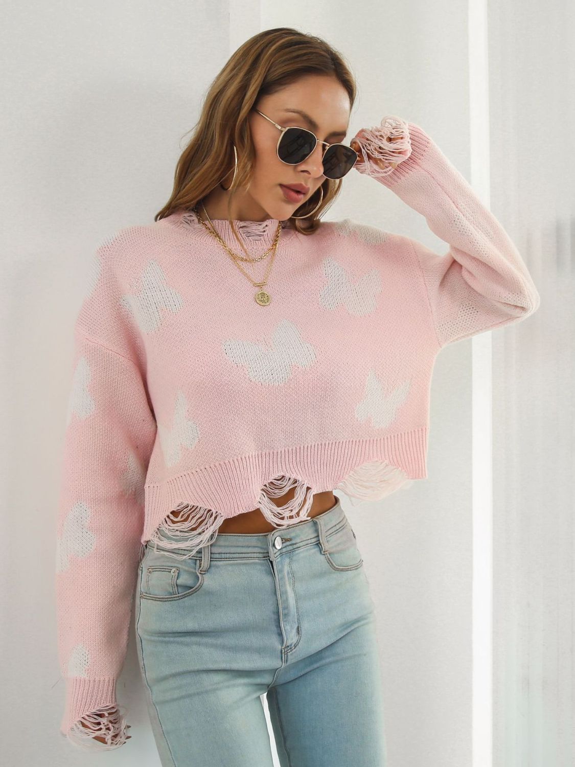 Distressed Butterfly Cropped Sweater free shipping -Oh Em Gee Boutique