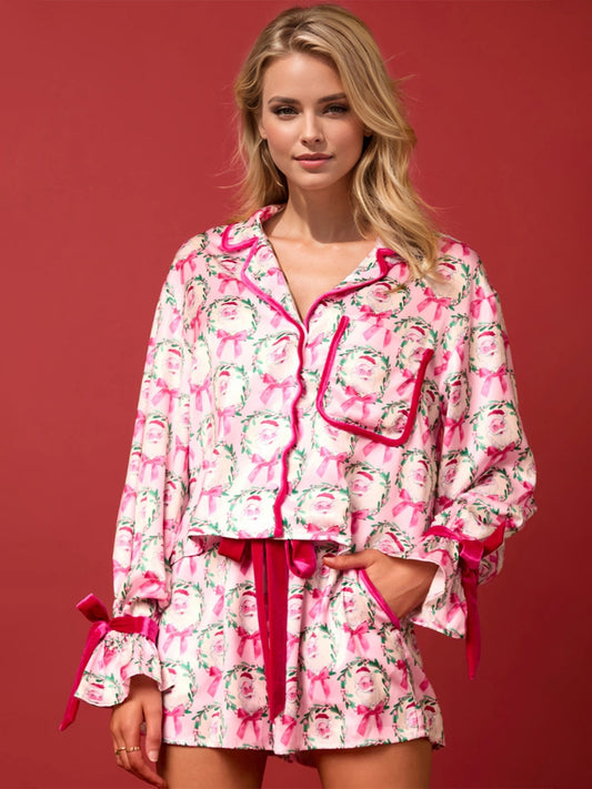 Tied Printed Collared Neck Long Sleeve Top and Shorts Set free shipping -Oh Em Gee Boutique