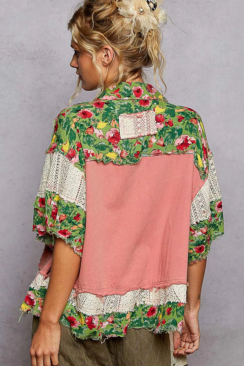 POL Lace Patch Floral Half Sleeve Shacket free shipping -Oh Em Gee Boutique