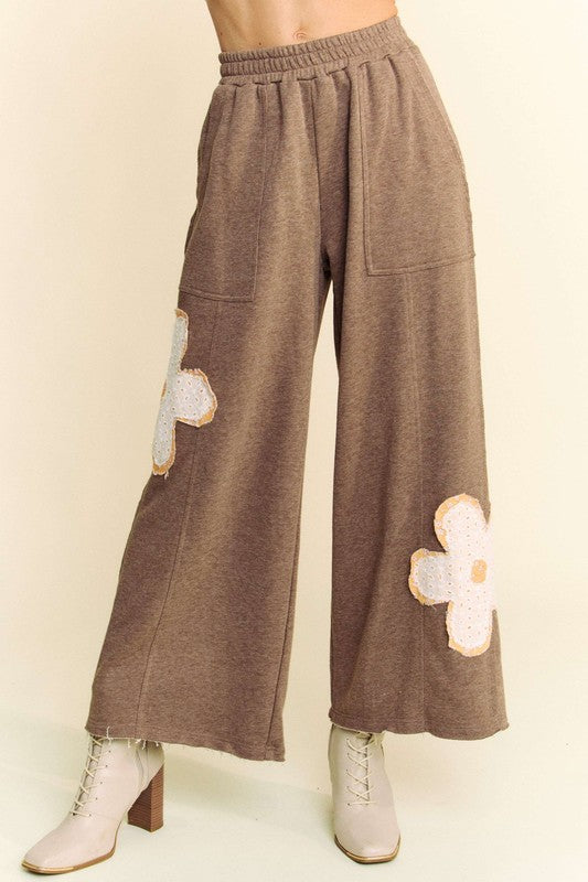 Davi & Dani Flower Patch Elastic Waist Wide Leg Pants free shipping -Oh Em Gee Boutique