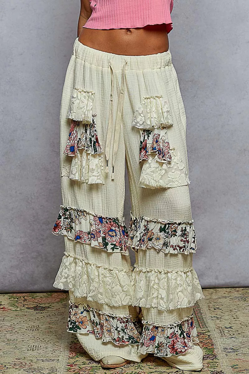 POL Drawstring Double Gauze Wide Leg Pants with Print and Lace Ruffle free shipping -Oh Em Gee Boutique