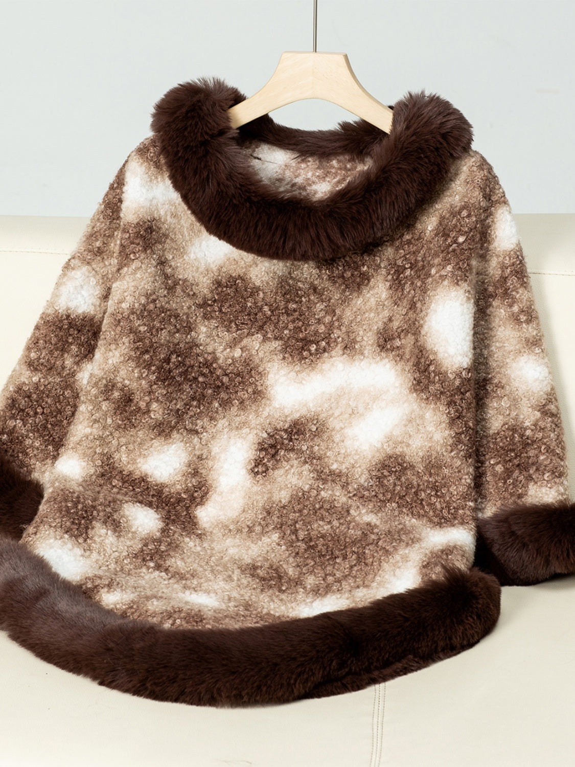 Furry Contrast Three-Quarter Poncho free shipping -Oh Em Gee Boutique