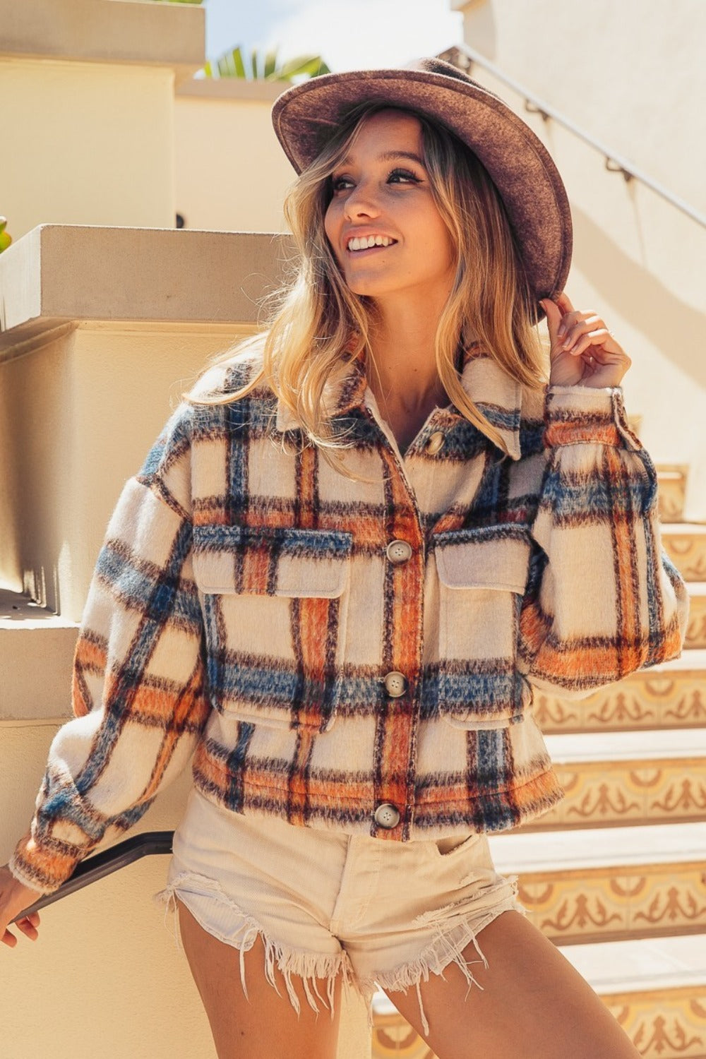 BiBi Brushed Plaid Crop Jacket with Pockets free shipping -Oh Em Gee Boutique