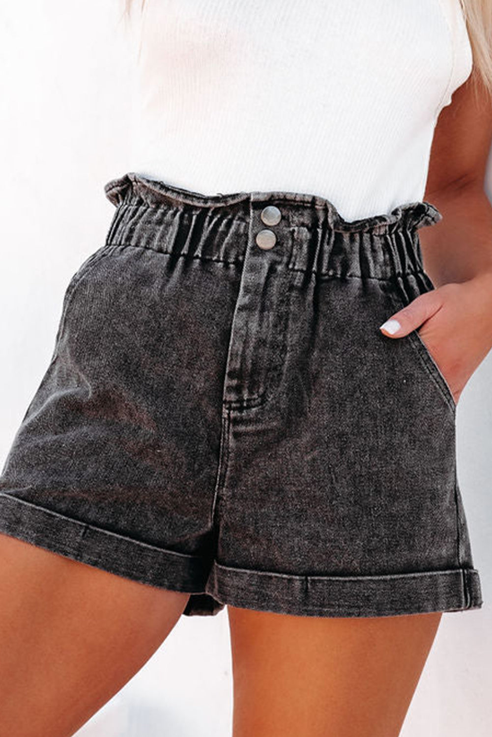 Paperbag Waist Denim Shorts with Pockets free shipping -Oh Em Gee Boutique