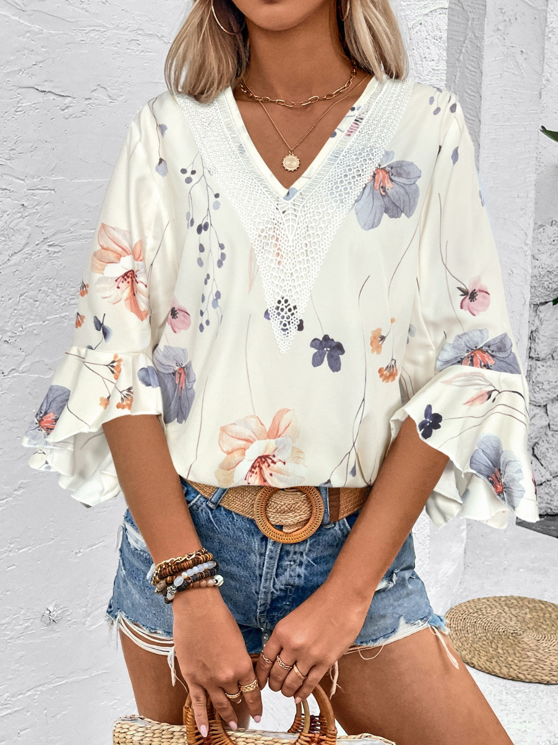 Ruffled Printed V-Neck Half Sleeve Blouse free shipping -Oh Em Gee Boutique