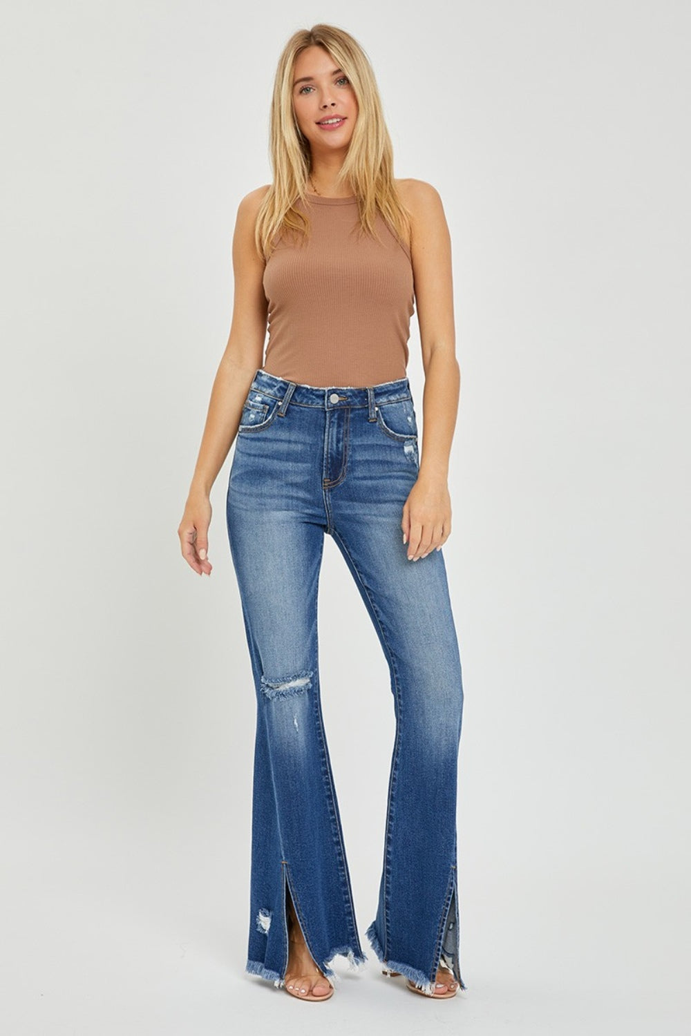 RISEN Full Size High Rise Front Slit Frayed Hem Flare Jeans free shipping -Oh Em Gee Boutique