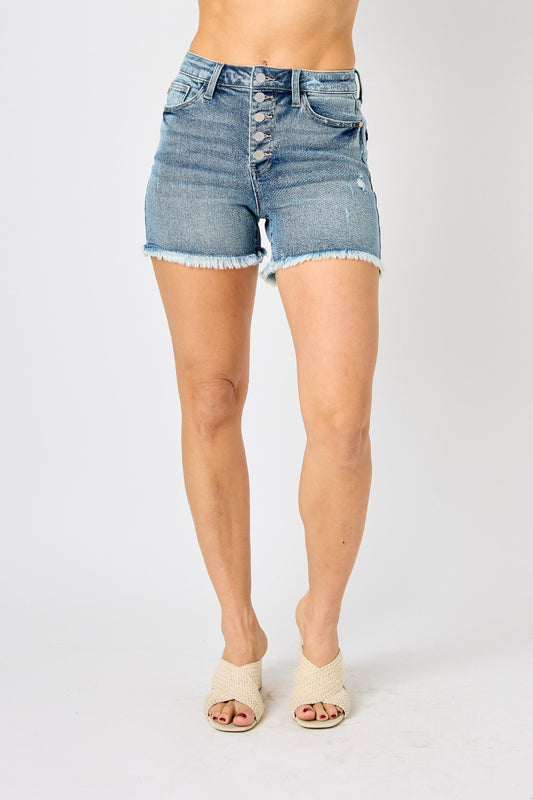 Judy Blue Full Size Button Fly Raw Hem Denim Shorts free shipping -Oh Em Gee Boutique