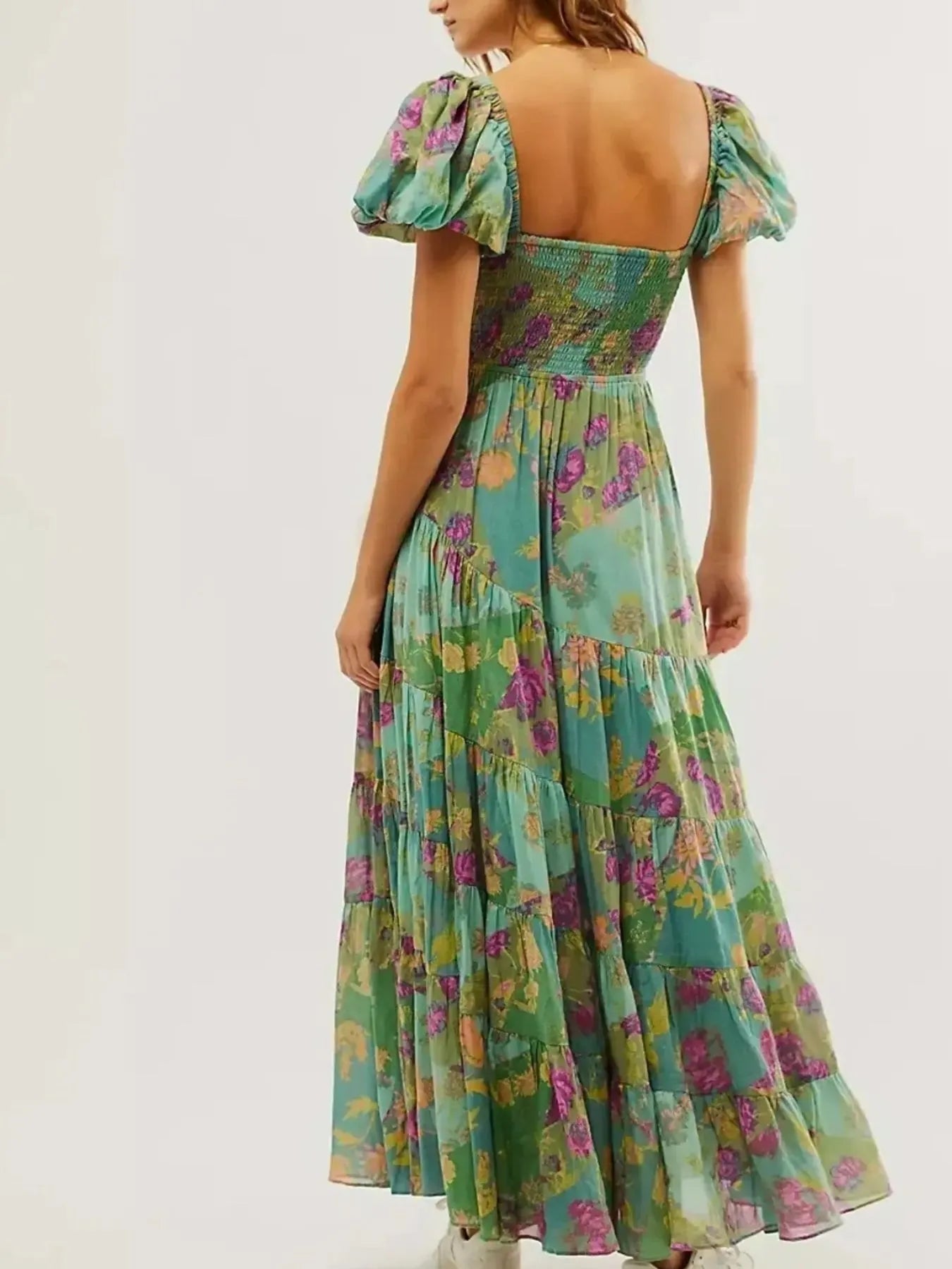 Printed Sweetheart Neck Puff Sleeve Maxi Dress free shipping -Oh Em Gee Boutique