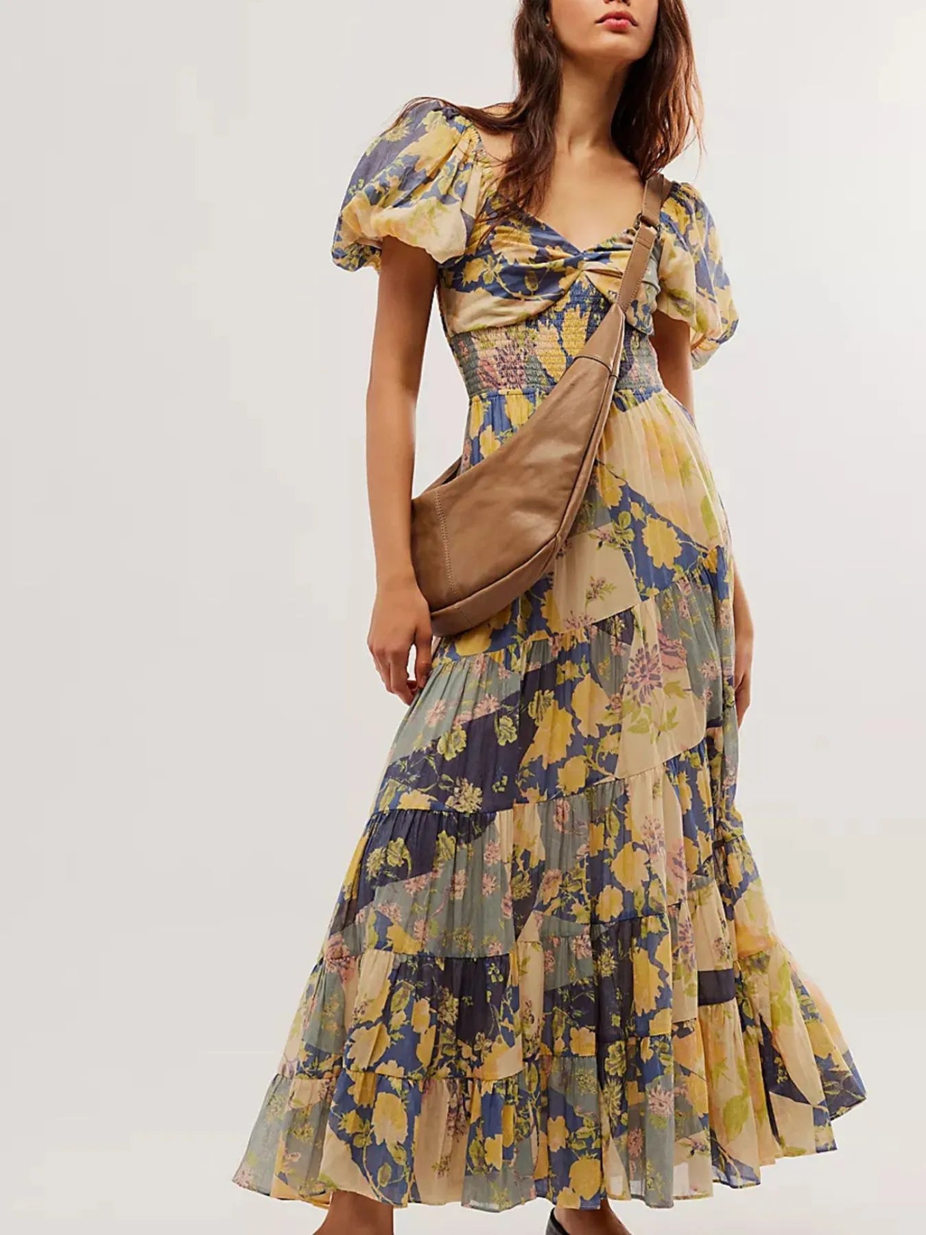 Printed Sweetheart Neck Puff Sleeve Maxi Dress free shipping -Oh Em Gee Boutique