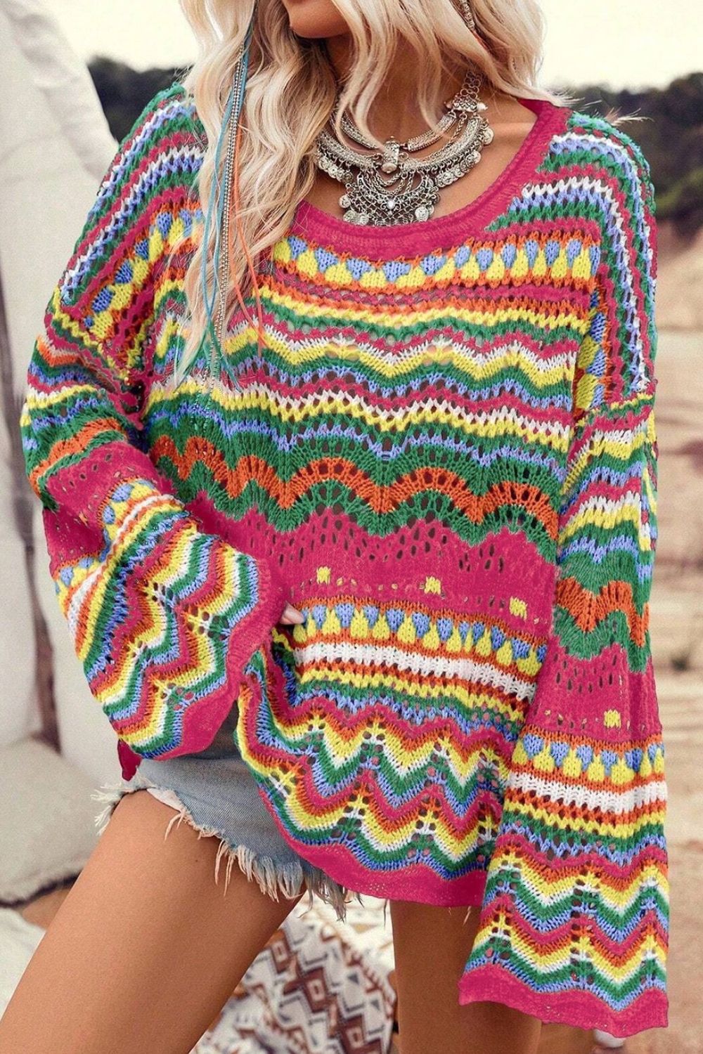 Openwork Round Neck Long Sleeve Knit Top free shipping -Oh Em Gee Boutique