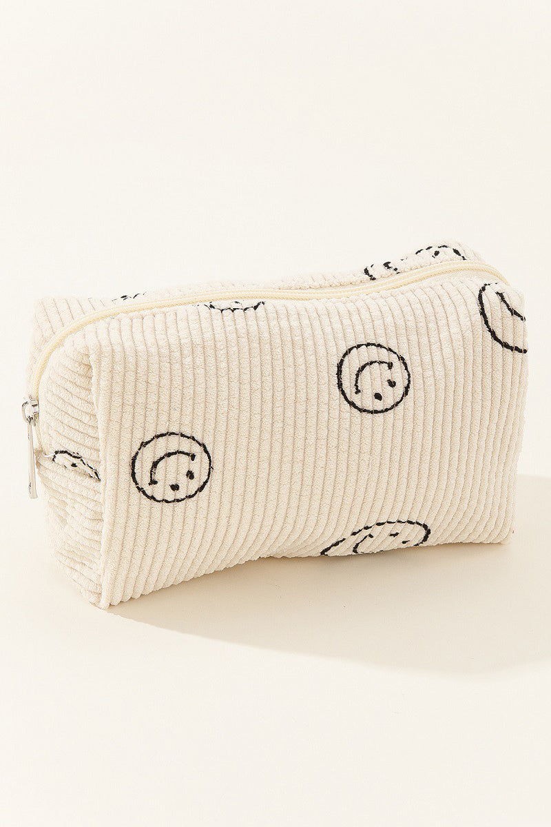 Zenana Smiley Face Corduroy Cosmetic Pouch free shipping -Oh Em Gee Boutique