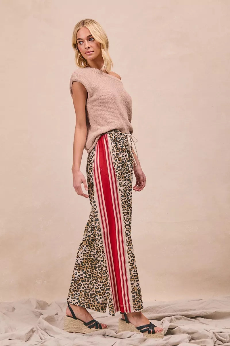 BiBi Leopard Print Pants with Side Contrast and Tucking Welt Pockets free shipping -Oh Em Gee Boutique