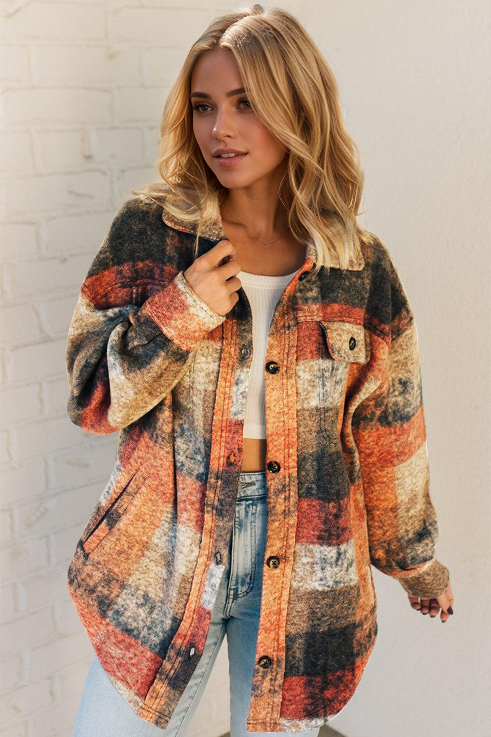 Double Take Button Up Plaid Fleece Shacket with Pockets free shipping -Oh Em Gee Boutique