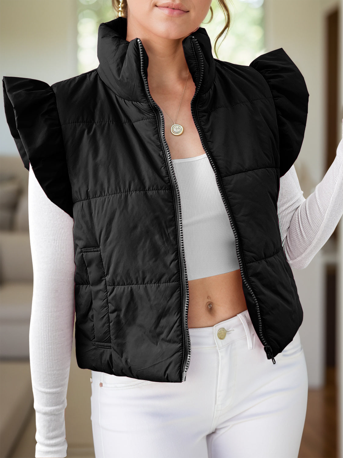 Pocketed Zip Up Cap Sleeve Jacket free shipping -Oh Em Gee Boutique