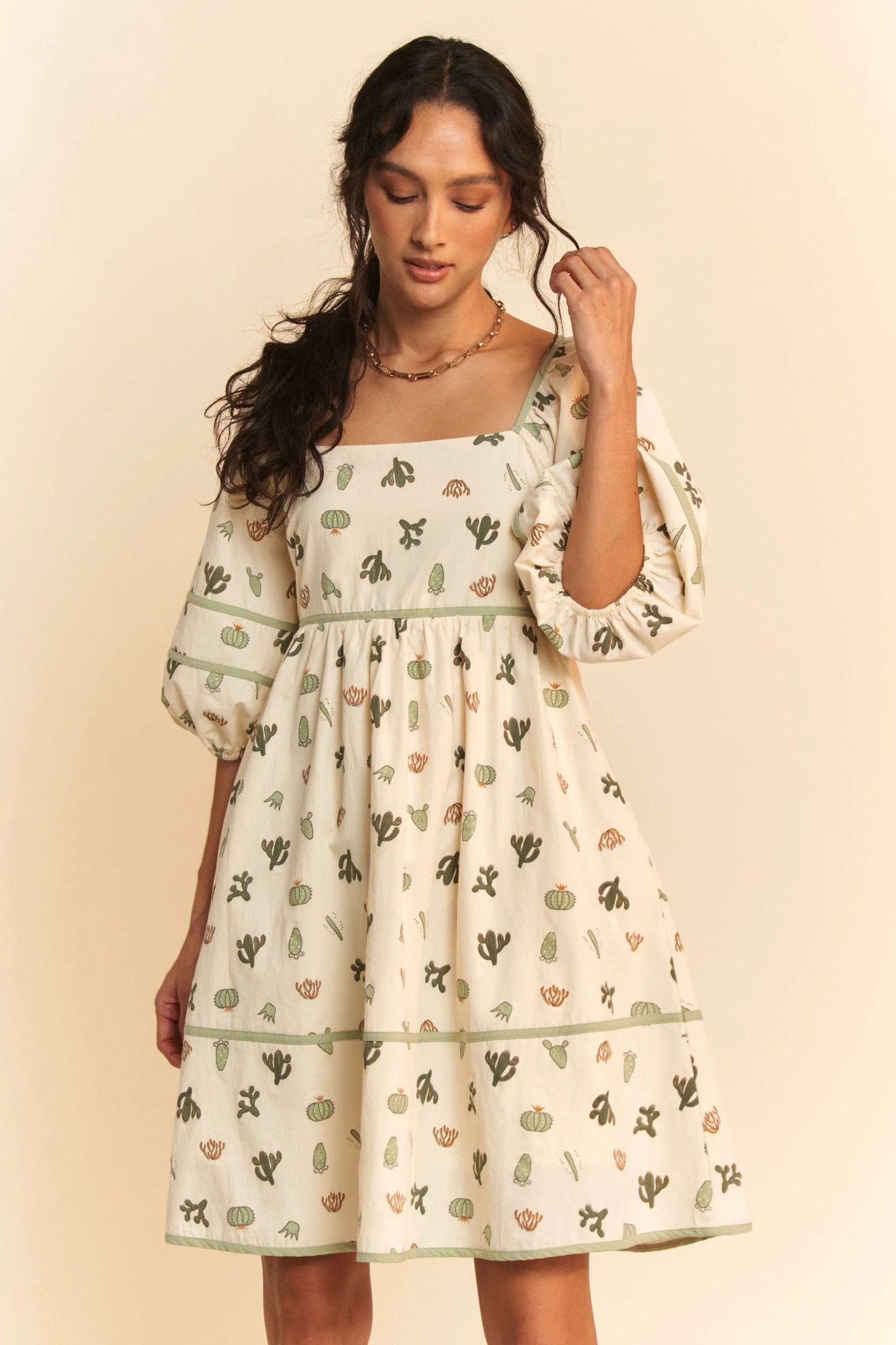 Davi & Dani Cactus Printed Poplin Contrast Piping Mini Dress free shipping -Oh Em Gee Boutique