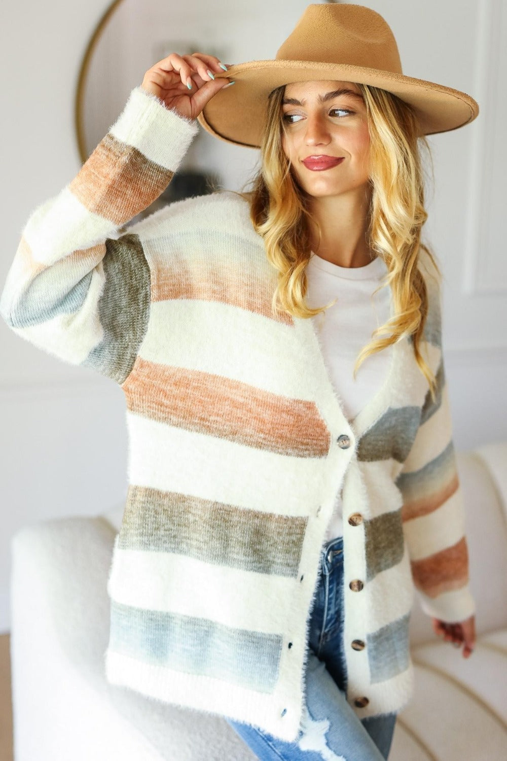 Haptics Full Size Button Down Stripe Soft Fuzzy Sweater Cardigan free shipping -Oh Em Gee Boutique