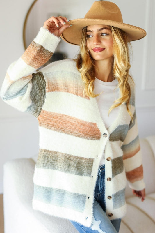 Haptics Full Size Button Down Stripe Soft Fuzzy Sweater Cardigan free shipping -Oh Em Gee Boutique