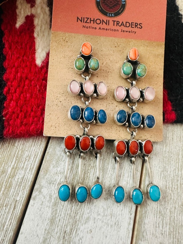 Navajo Multi Stone & Sterling Silver Chandelier Dangle Earrings free shipping -Oh Em Gee Boutique