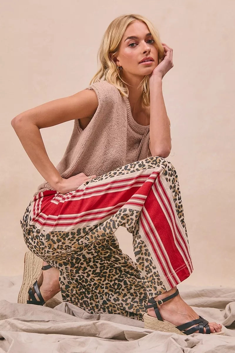 BiBi Leopard Print Pants with Side Contrast and Tucking Welt Pockets free shipping -Oh Em Gee Boutique
