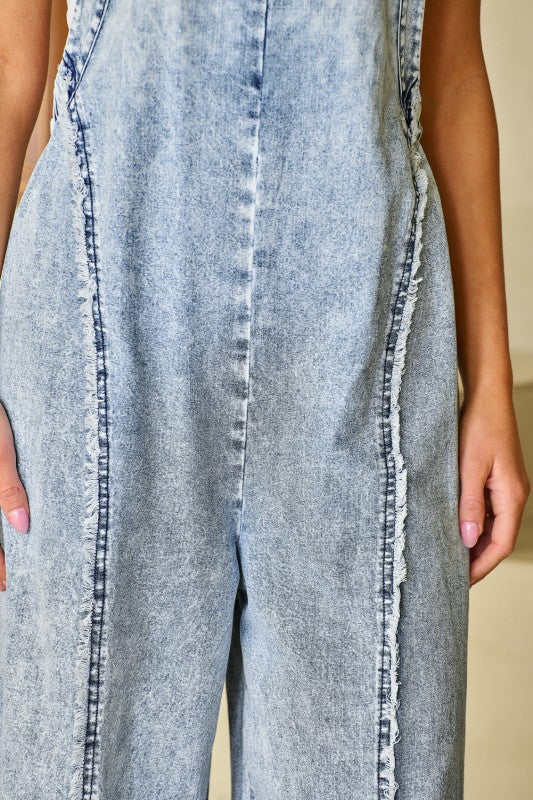 Denim Frayed Reverse Seam Wide Leg Overall free shipping -Oh Em Gee Boutique