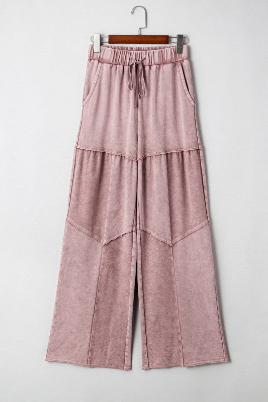 Mineral Wash Patchwork Tiered Wide Leg Pants free shipping -Oh Em Gee Boutique