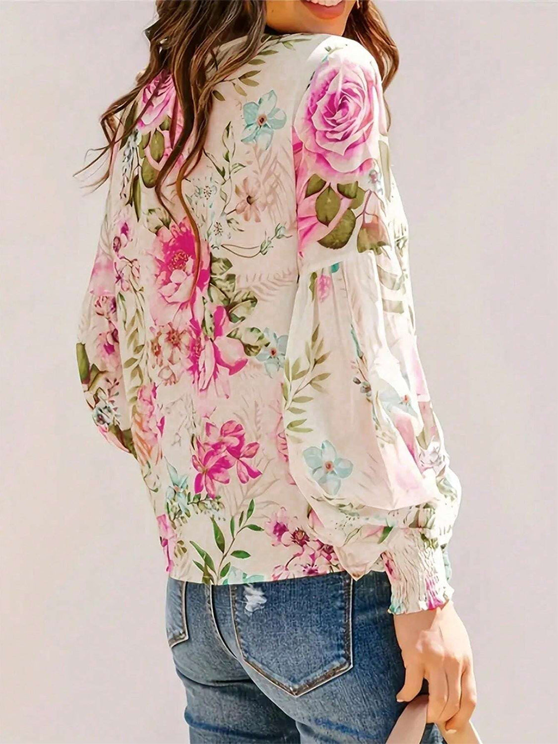 Printed Round Neck Lantern Sleeve Blouse free shipping -Oh Em Gee Boutique