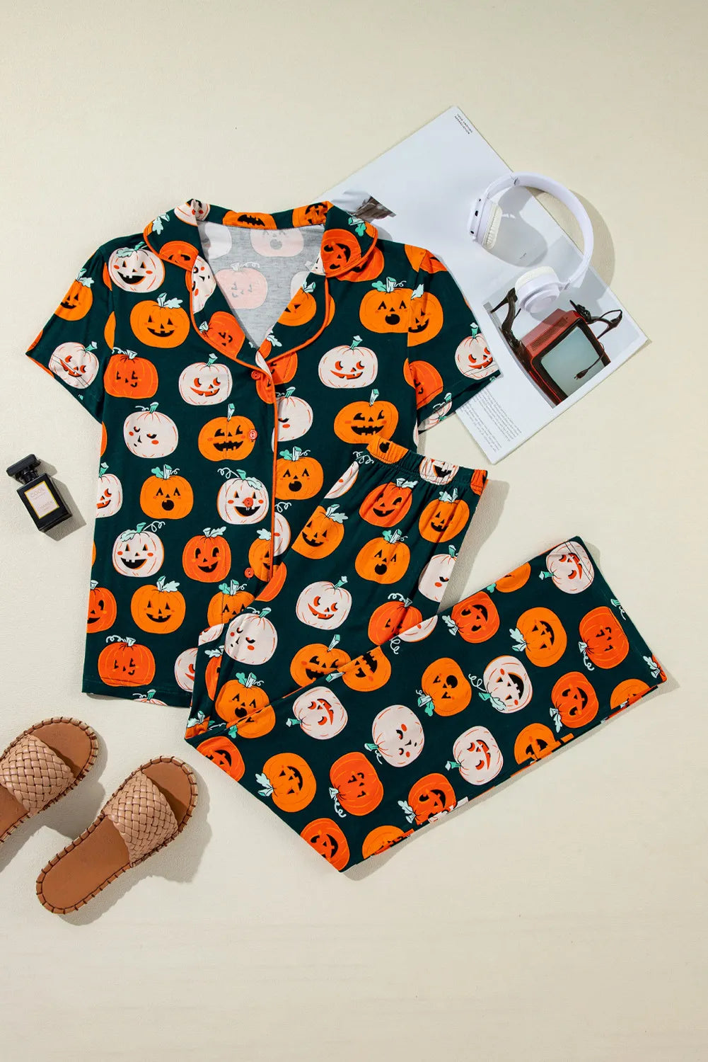 Pumpkin Printed Short Sleeve Top and Pants Lounge Set free shipping -Oh Em Gee Boutique