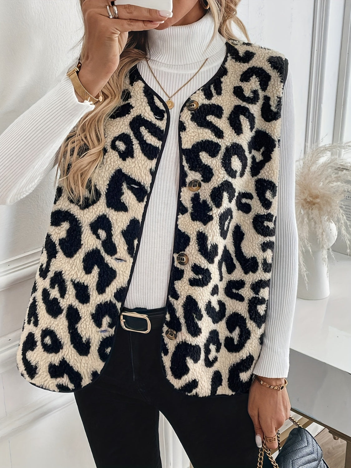 Leopard Button Up Sherpa Vest free shipping -Oh Em Gee Boutique