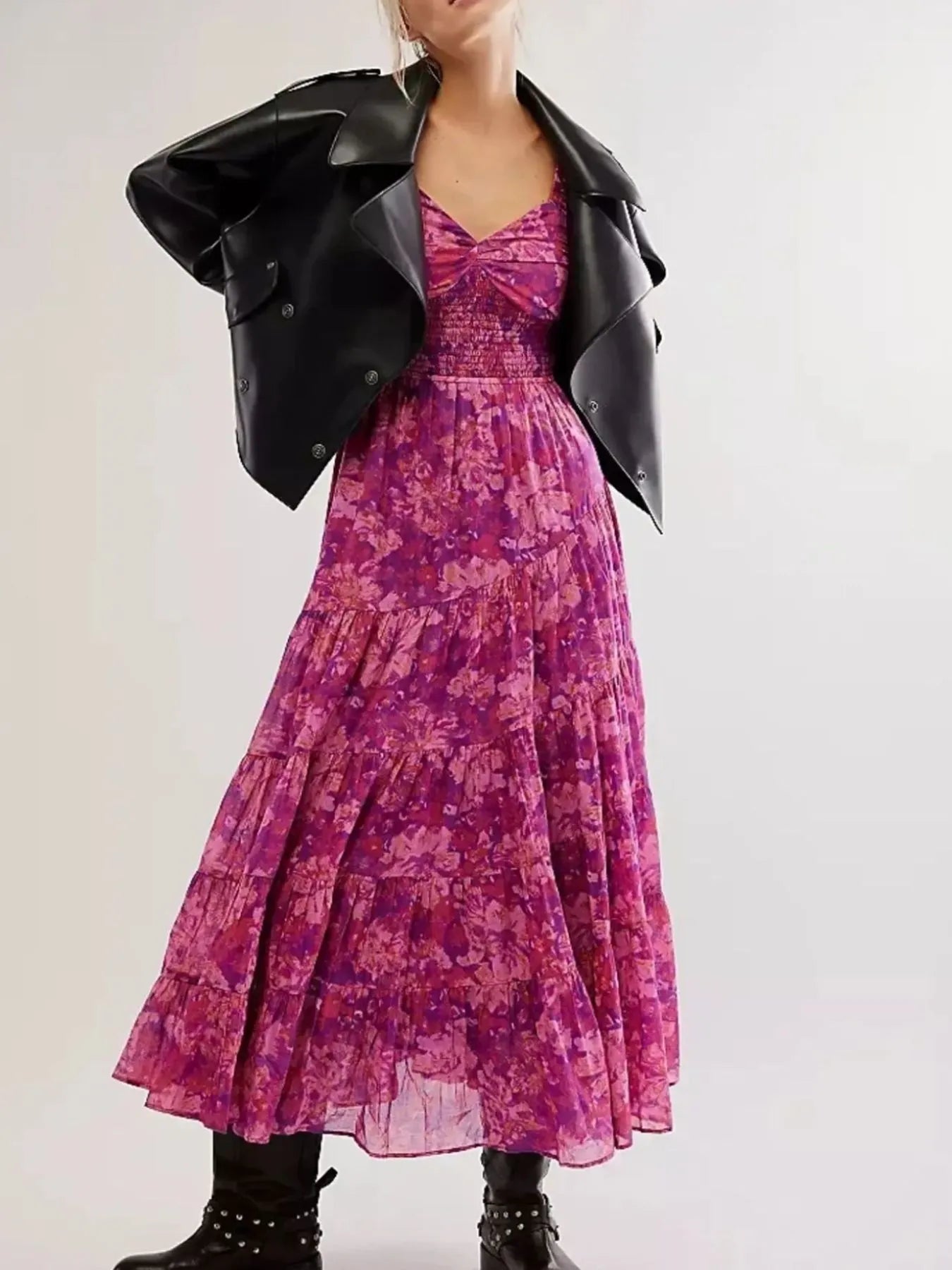 Printed Sweetheart Neck Puff Sleeve Maxi Dress free shipping -Oh Em Gee Boutique