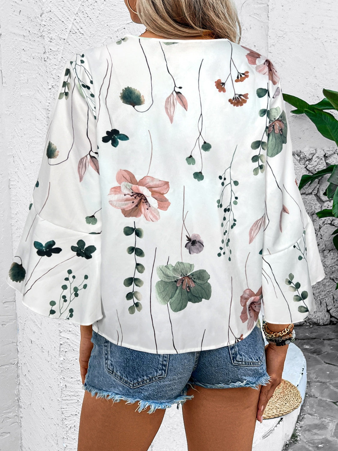 Ruffled Printed V-Neck Half Sleeve Blouse free shipping -Oh Em Gee Boutique