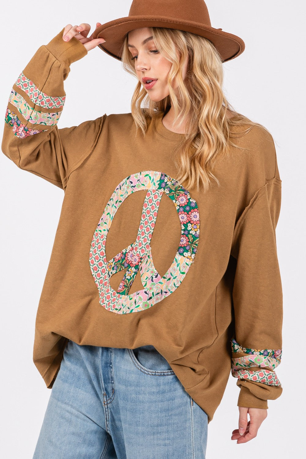 SAGE + FIG Peace Applique Patch Long Sleeve Top free shipping -Oh Em Gee Boutique