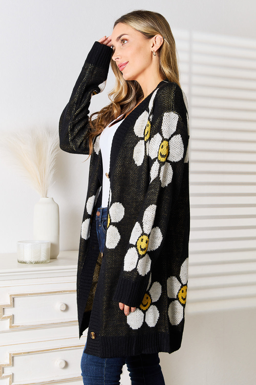 Perfee Floral Button Down Longline Cardigan free shipping -Oh Em Gee Boutique