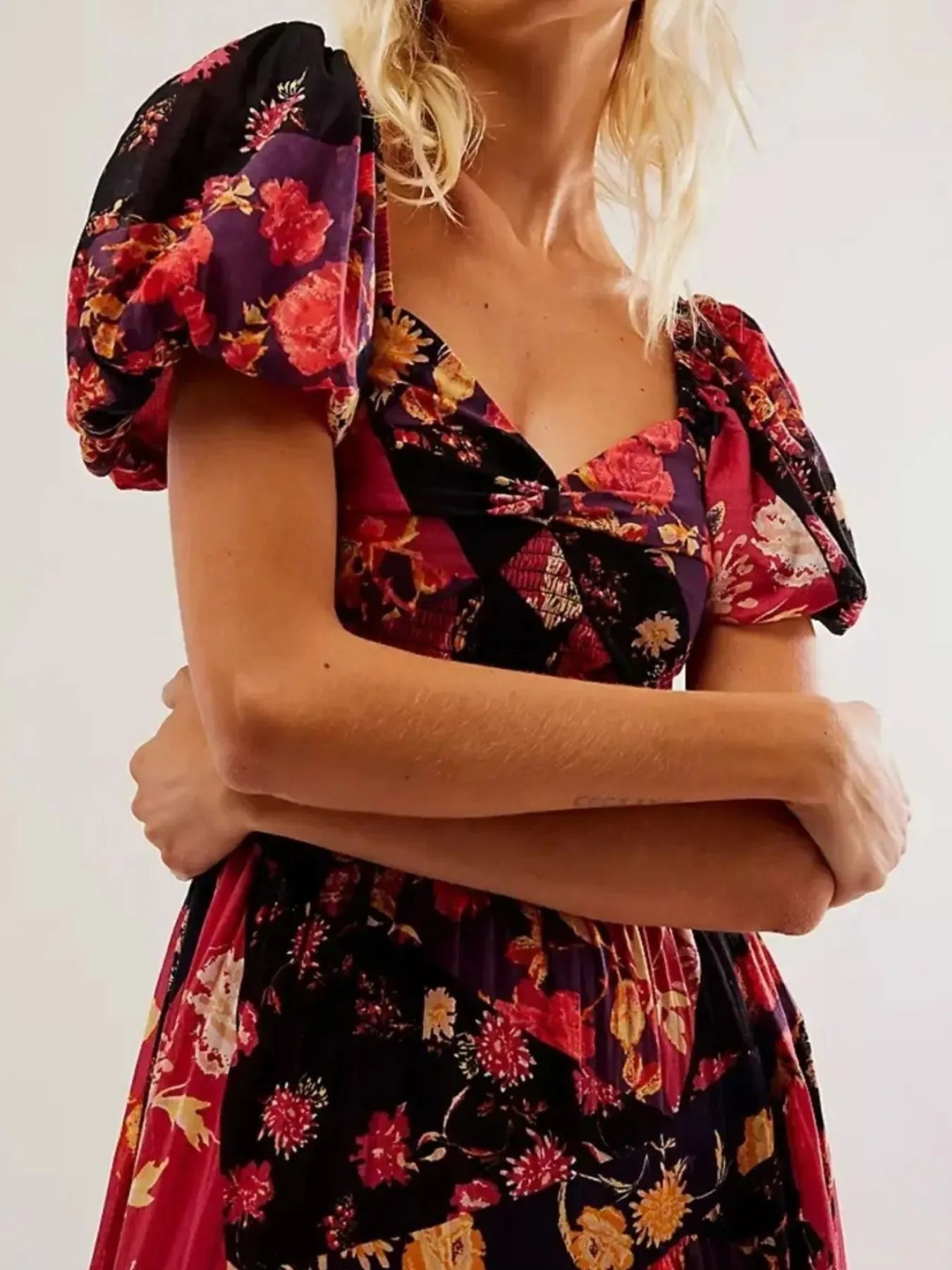Printed Sweetheart Neck Puff Sleeve Maxi Dress free shipping -Oh Em Gee Boutique