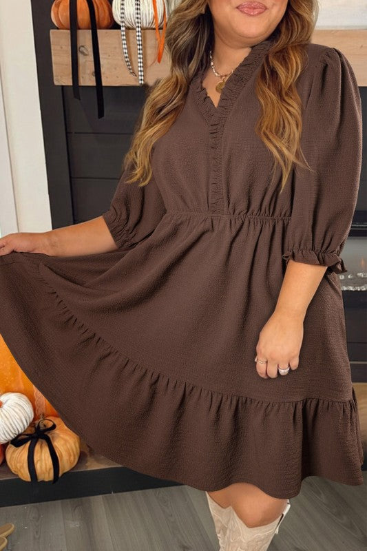 Plus Size Frilled Trim V-Neck Puff Sleeve Textured Dress free shipping -Oh Em Gee Boutique