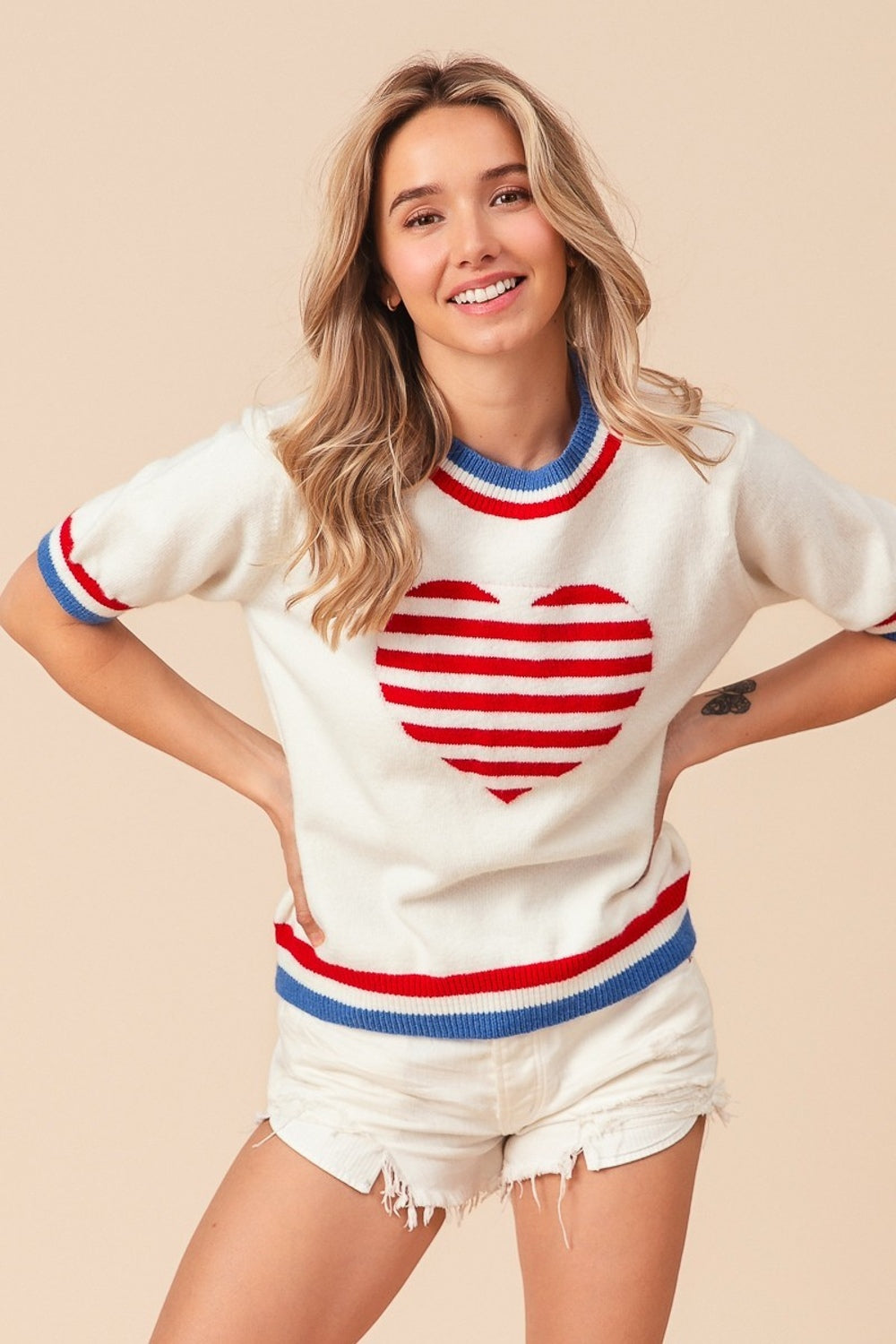 BiBi US Flag Theme Striped Heart Sweater free shipping -Oh Em Gee Boutique