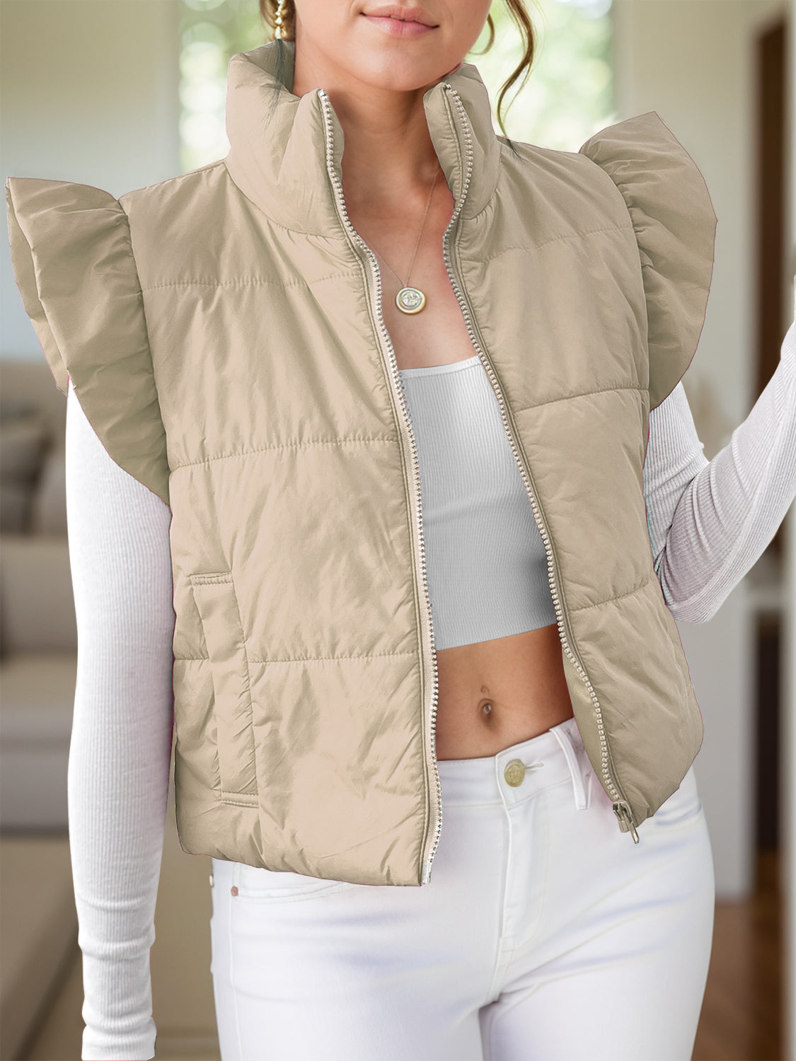 Pocketed Zip Up Cap Sleeve Jacket free shipping -Oh Em Gee Boutique