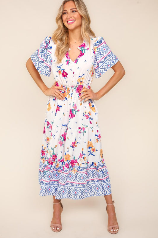 Haptics Printed Notched Short Sleeve Tiered Dress free shipping -Oh Em Gee Boutique