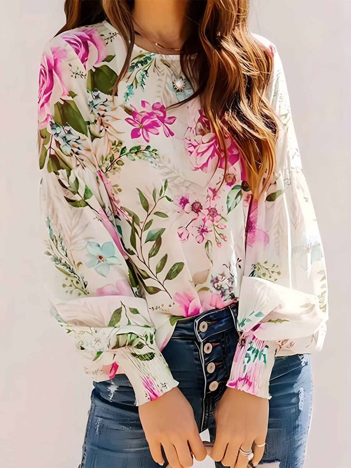 Printed Round Neck Lantern Sleeve Blouse free shipping -Oh Em Gee Boutique