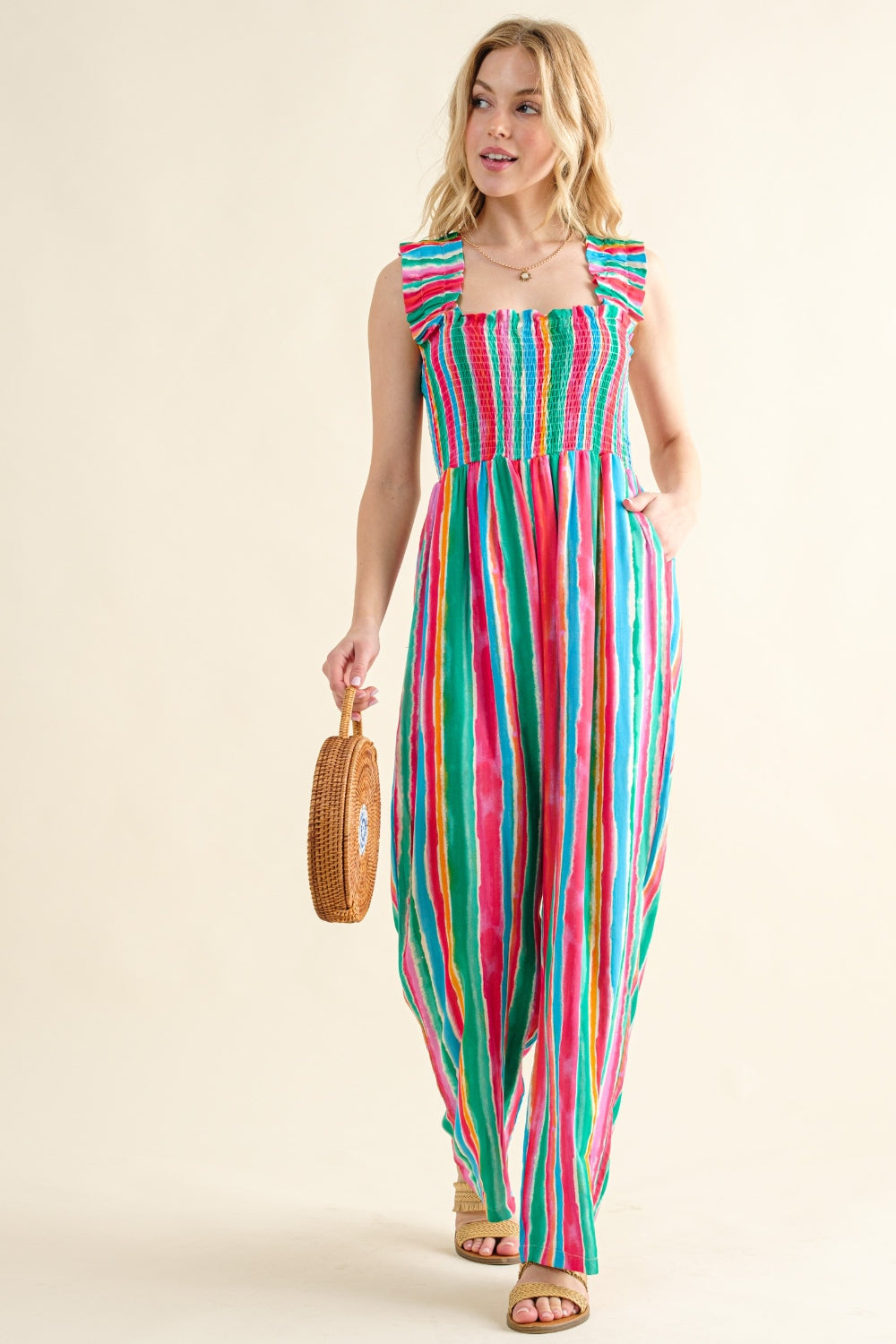 And The Why Full Size Striped Smocked Sleeveless Jumpsuit free shipping -Oh Em Gee Boutique